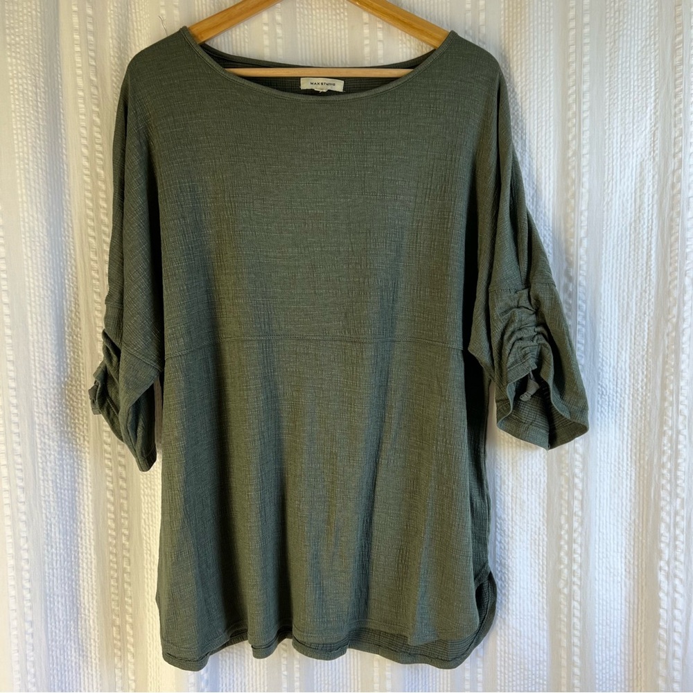 Max‎ Studio Women’s Plus Size 1X 3/4 Adjustable Ruched Sleeve Knit Slub  Shirt